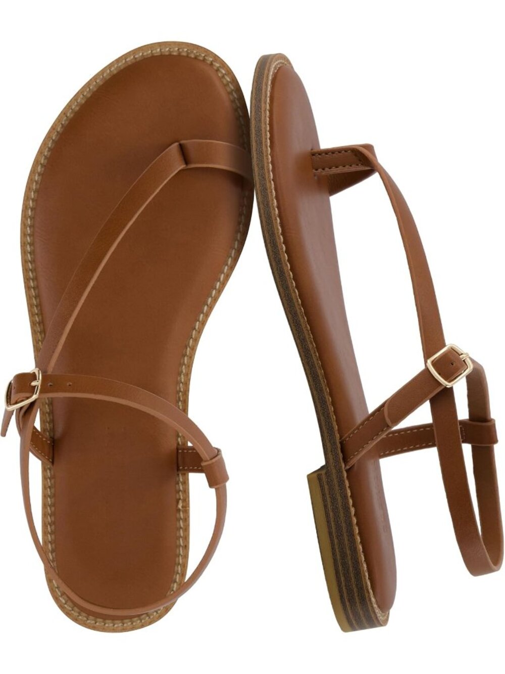 Women's Brown Summer Strappy Thong with Toe Loop Adjustable Ankle Strap Flats - Picture 1 of 6